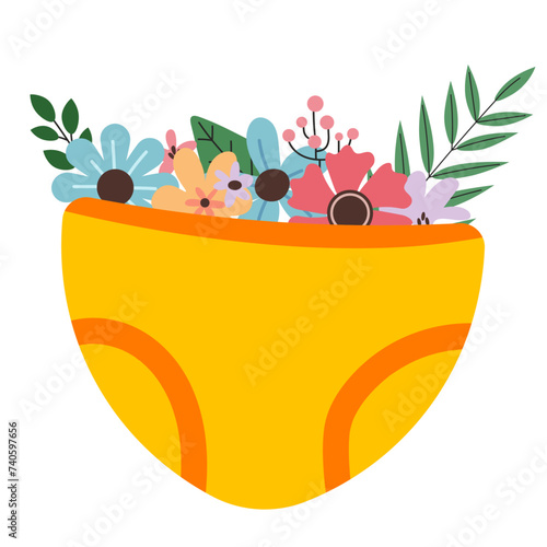 female yellow underwear with flower in flat illustration
