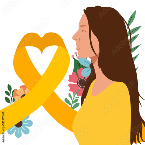 female with yellow ribbon for endometriosis awareness month in flat illustration