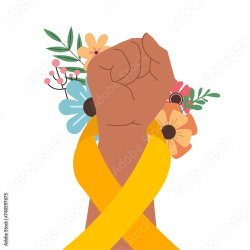 fist with yellow ribbon for endometriosis awareness month in flat illustration