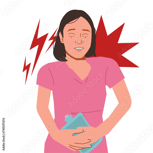 women having cramps from endometriosis holding hot water bottle in flat illustration