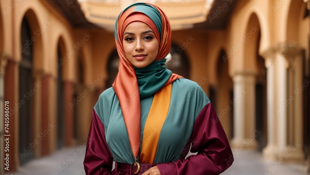 modern colorful stylish outfit photoshoot of a muslim hijab woman in dynamic shot happy and positive for modest trendy arab women fashion as wide banner with copysapce area