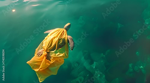 Turtle swimming wrapped in a yellow plastic bag, beautiful turquoise ocean 