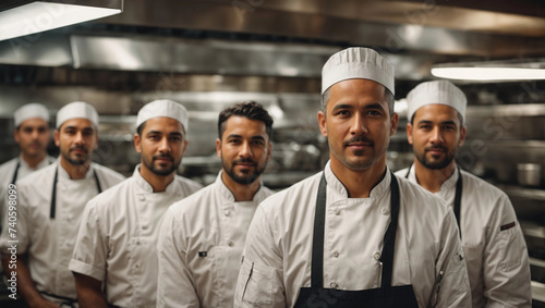 Portrait of chef standing with his team on background in commercial kitchen at restauran