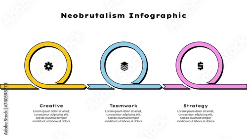 Neobrutalism horizontal progress infographic with 3 options, steps or processes. Retro presentation template (ID: 740598273)