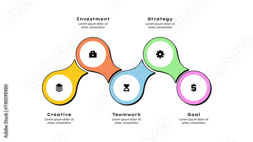 Neobrutalism infographic with 5 circles. Business data visualization for presentation (ID: 740598480)