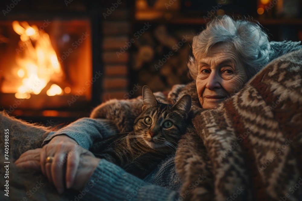 Vieille femme se reposant avec son chat » IA générative Vieille femme se reposant avec son chat » IA générative