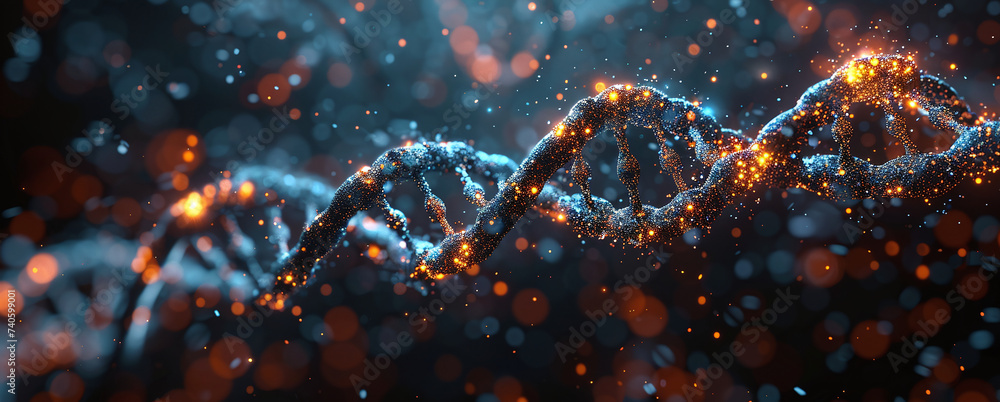 Abstract DNA strand with glowing nodes against a dark bokeh background, symbolizing biotechnology and genetic research. - obrazy, fototapety, plakaty 