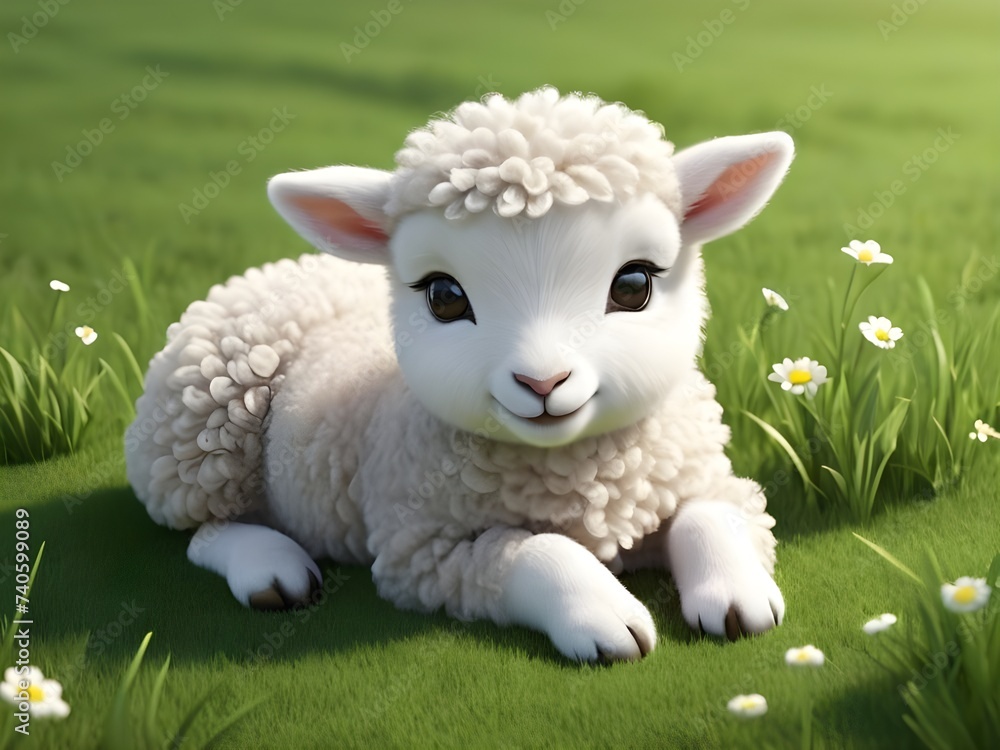 Obraz premium Sweet Baby Lamb Resting in Green Grass, Adorable Cartoon Lamb in Grass Field, Cute baby animal wallpaper, Cute baby animals for kid's room wall art, wall decoration arts for kid's room