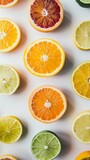 Sliced Citrus, variety of citrus fruits such as oranges lemons and limes on a white background, generative AI, background image