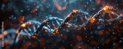 Abstract DNA strand with glowing nodes against a dark bokeh background, symbolizing biotechnology and genetic research.