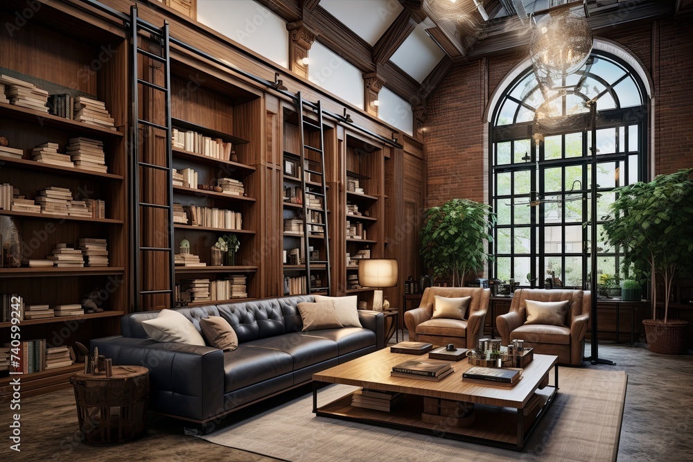 Classic Loft Living Room with Big Bookcase, Leather Details, and Wooden Ceilings Classic Loft Living Room with Big Bookcase, Leather Details, and Wooden Ceilings