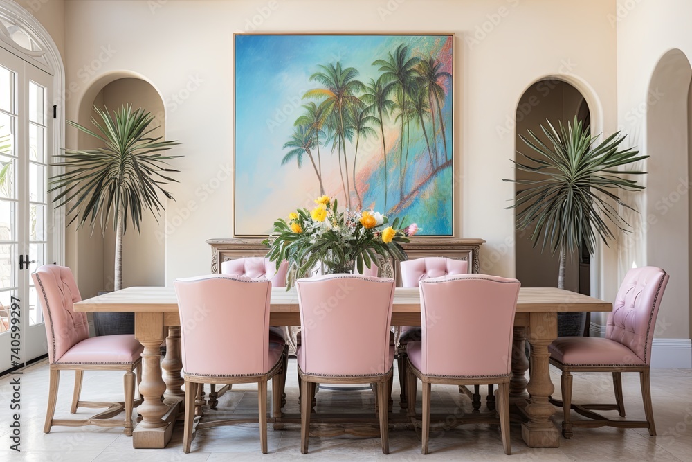 Pastel Elegance: Mediterranean Dining Room Ideas with Leather Seat Chairs