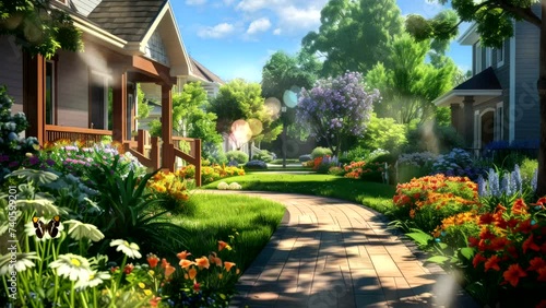 Blooms and Sunshine: Exploring the Garden Pathway on a Spring Day in the Frontyard. Cozy Atmosphere Seamless looping 4k time-lapse virtual video animation background photo