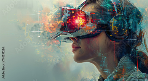 Futuristic woman with VR headset surrounded by digital graphics © Gayan