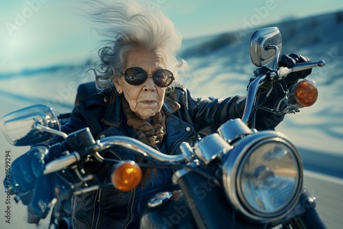 Portrait d'une vieille femme qui fait de la moto » IA générative