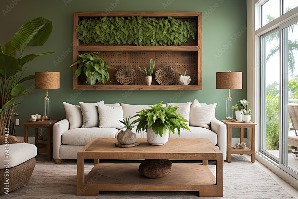 Green Wall Coastal Home Living Room with Wooden Coffee Table Design