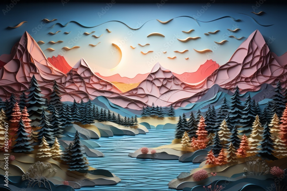 Dive into the world of paper artistry with a landscape background, featuring meticulously crafted paper mountains, Generative AI 