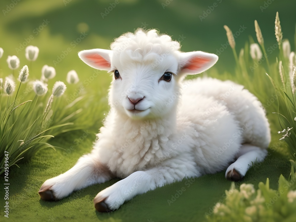 Sweet Baby Lamb Resting in Green Grass, Adorable Cartoon Lamb in Grass Field, Cute baby animal wallpaper, Cute baby animals for kid's room wall art, wall decoration arts for kid's room Sweet Baby Lamb Resting in Green Grass, Adorable Cartoon Lamb in Grass Field, Cute baby animal wallpaper, Cute baby animals for kid's room wall art, wall decoration arts for kid's room