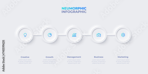 Neumorphism concept of development process with 5 options, steps or processes. Infographic timeline (ID: 740599628)