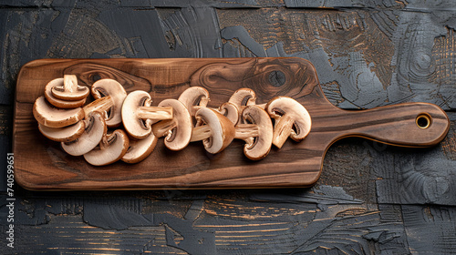 Sliced champignon mushrooms on a wooden board on a brown wooden background