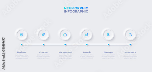 Infographic in neumorphism style. Business concept with 6 options or steps. Timeline development process (ID: 740599697)