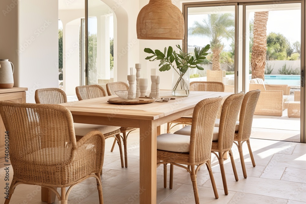 Coastal Villa Dining Room: Wooden Table and Rattan Chair Design Elegance