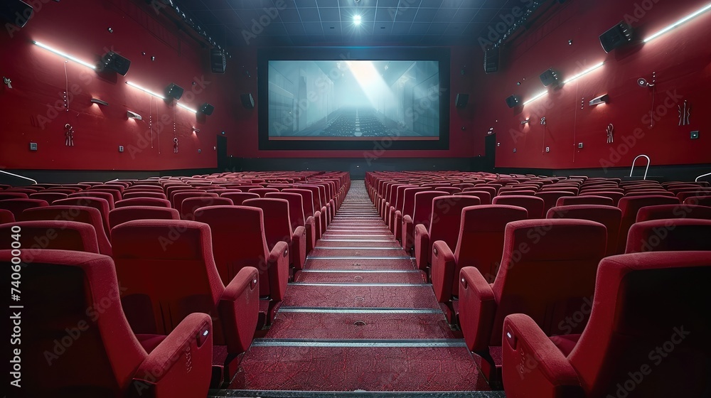 Inside movie theater, movie projection, movie screen, red seats. Generative AI. Inside movie theater, movie projection, movie screen, red seats. Generative AI.
