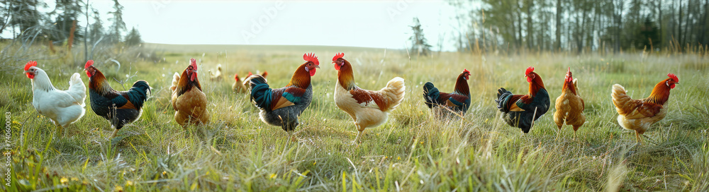 Fototapeta premium Group of chickens standing in an open grassy field. Generative AI.