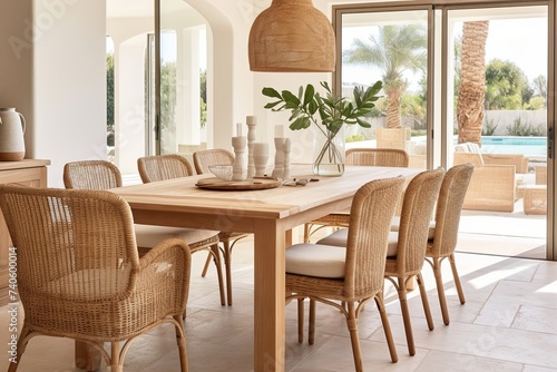 Coastal Villa Dining Room  Wooden Table and Rattan Chair Design Elegance