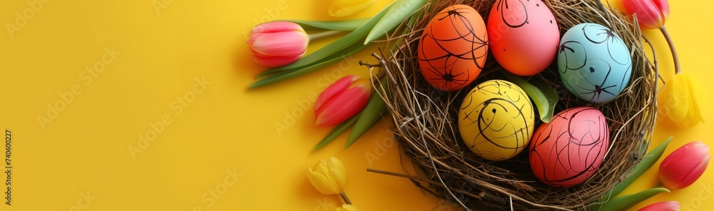 Colorful easter eggs next to tulips and a nest on a bright yellow ...