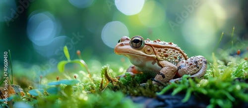 Serene green frog sitting calmly on the ground with its eyes wide open