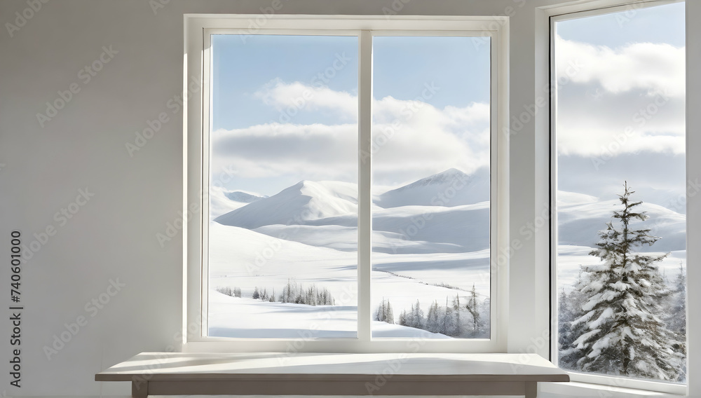 White window, resting on a white wooden table. A framed picture of a snowy landscape serves as the background. White window, resting on a white wooden table. A framed picture of a snowy landscape serves as the background.