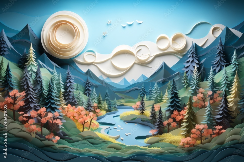 World of paper craftsmanship with a landscape background, showcasing delicately cut and folded paper hills, Generative AI World of paper craftsmanship with a landscape background, showcasing delicately cut and folded paper hills, Generative AI