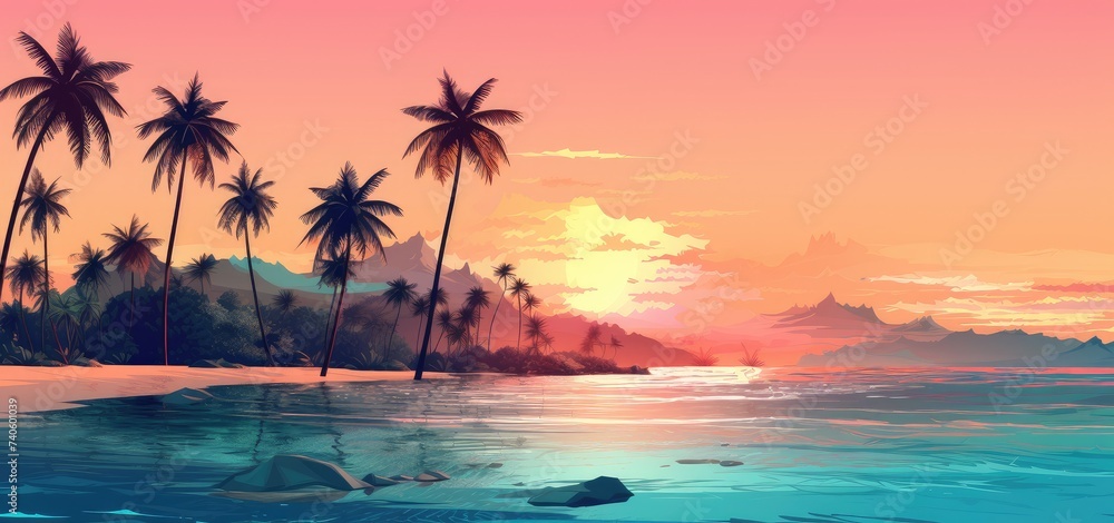 Dreamy Tropical Beach at Sunset with Silhouetted Palm Trees - Generative AI