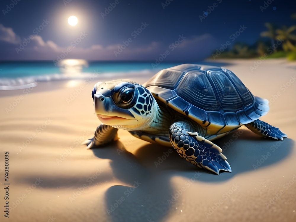 Cute Baby Turtle in Sandy Night, Beautiful baby turtle in the beach, cute baby animals for kid's room decoration, Kid's wall art, Cute beautiful baby animals