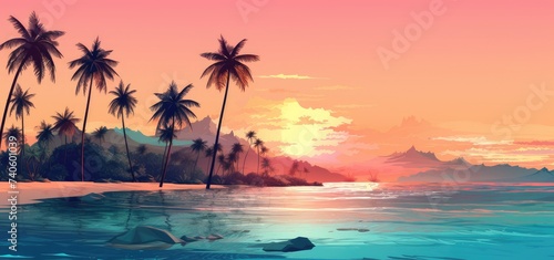 Dreamy Tropical Beach at Sunset with Silhouetted Palm Trees - Generative AI © Gelpi