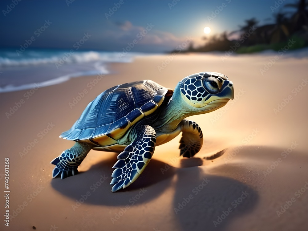 Cute Baby Turtle in Sandy Night, Beautiful baby turtle in the beach, cute baby animals for kid's room decoration, Kid's wall art, Cute beautiful baby animals