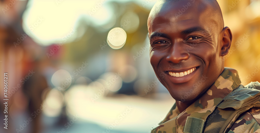 Smiling Soldier in Camouflage. A smiling black military man in uniform enjoys a sunny day outdoors. - obrazy, fototapety, plakaty 