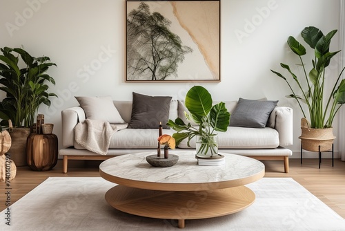 Contemporary Flat Living Room with Rustic Scandinavian Vibes, Marble Top Table, and Tropical Plant Accents