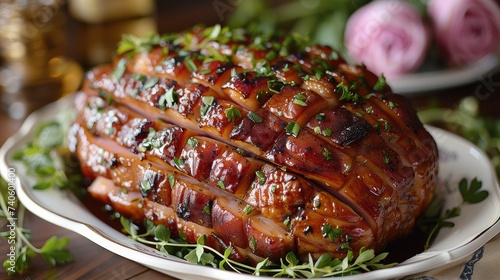 Celebratory meal, Succulent glazed Easter ham garnished with fresh herbs. Generative AI.