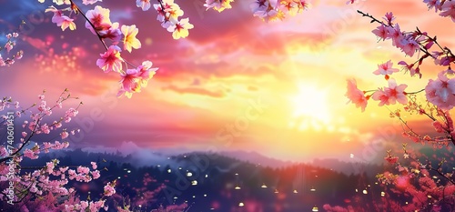 Springtime Canvas - An Artistic Background featuring Pink Blossoms at Sunset, Capturing the Ethereal Beauty of the Season. Made with Generative AI Technology