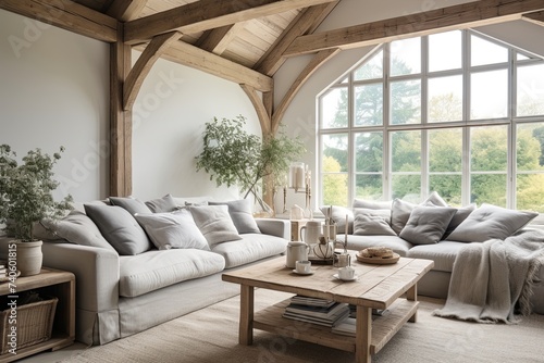 Chic Scandinavian Living Room with Rustic Country Style, Cozy Cushions, and Wooden Beams © Michael