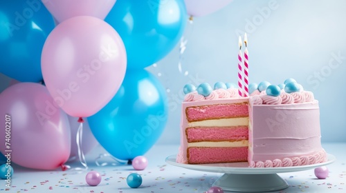 Slice of cake with pink icing  balls and balloons