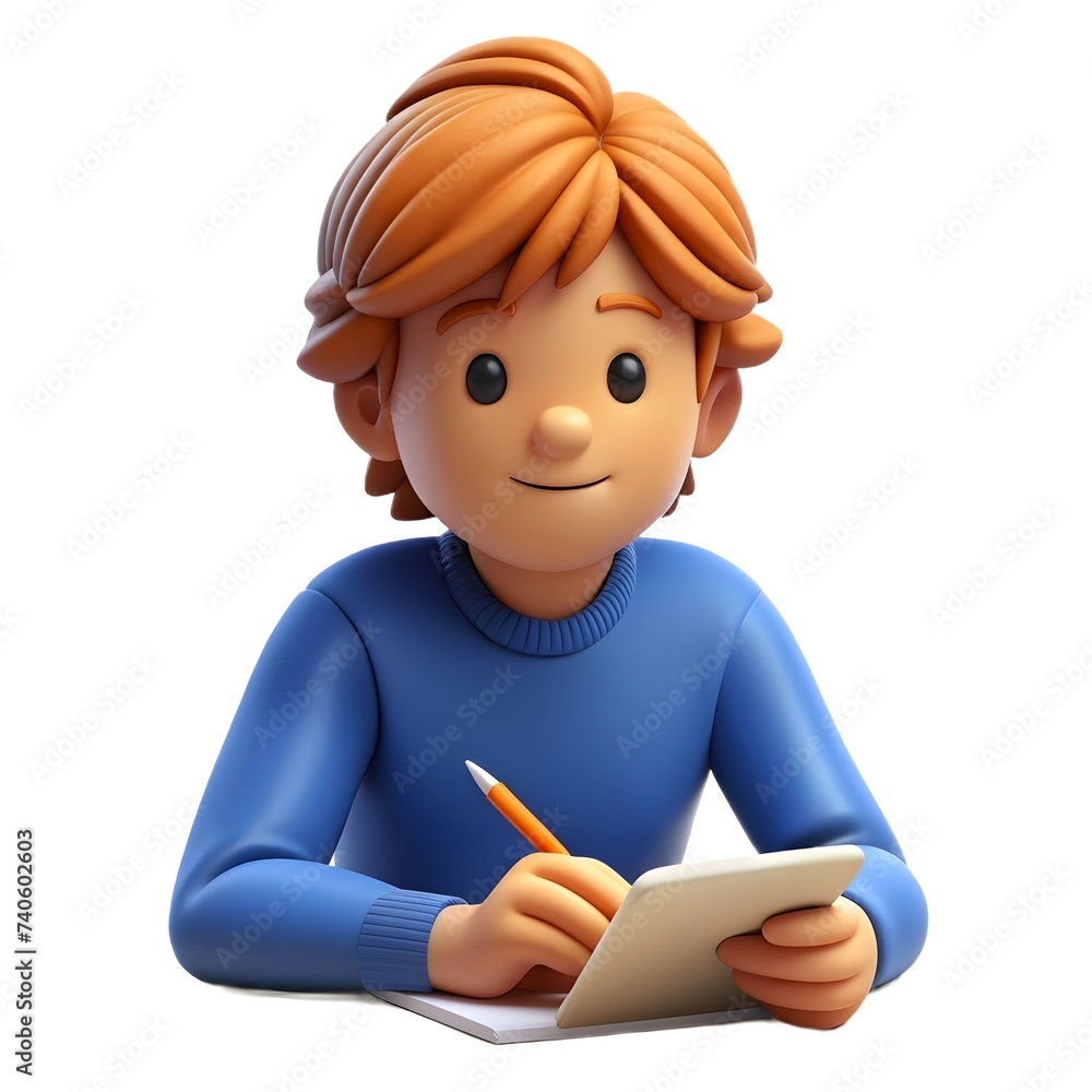 3d cartoon illustration of a student writing isolated on white background 3d cartoon illustration of a student writing isolated on white background