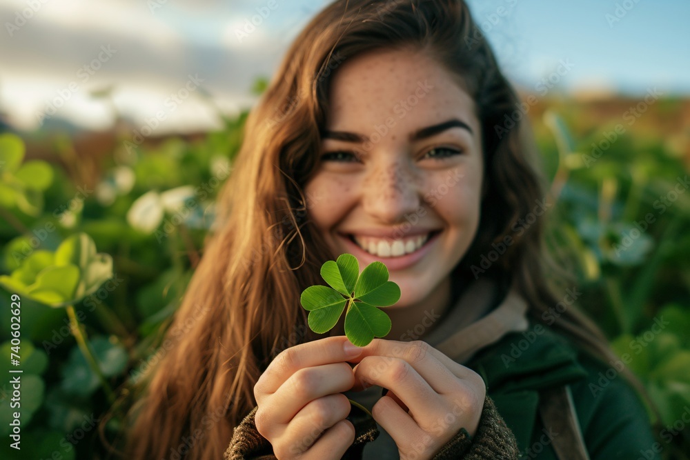 Jeune fille souriante avec un trèfle à 4 feuilles » IA générative Jeune fille souriante avec un trèfle à 4 feuilles » IA générative