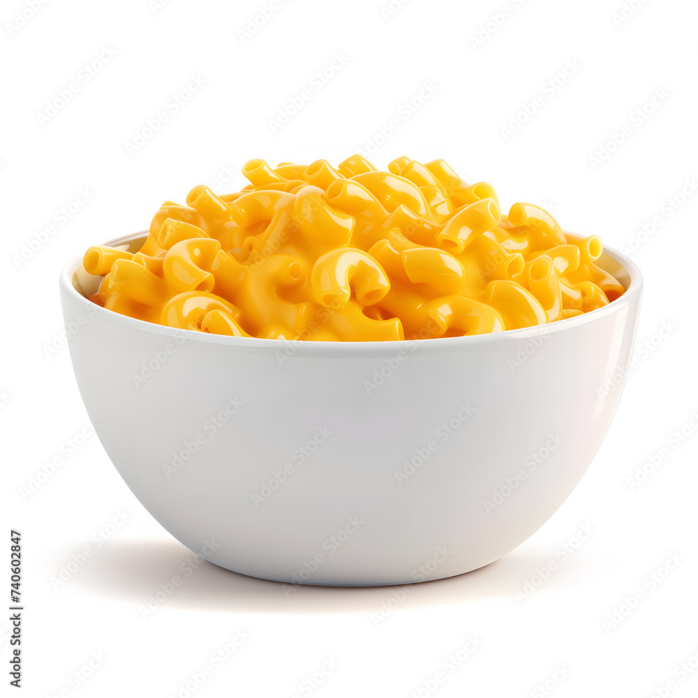 Macaroni and cheese in white bowl side view on white background Macaroni and cheese in white bowl side view on white background