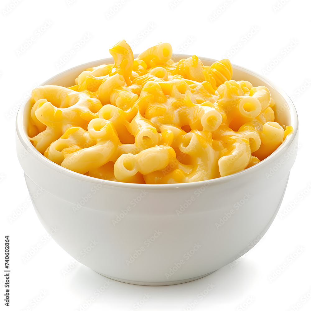 Macaroni and cheese in white bowl side view on white background Macaroni and cheese in white bowl side view on white background