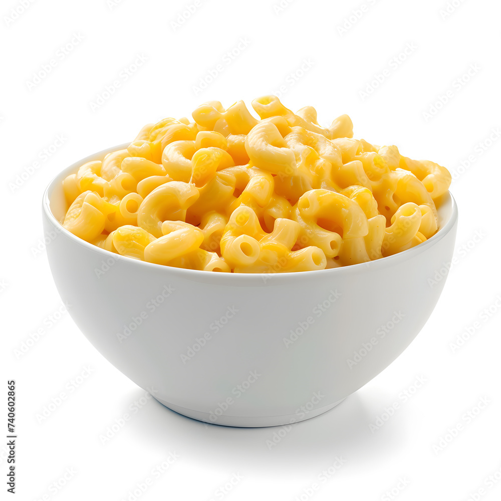 Macaroni and cheese in white bowl side view on white background Macaroni and cheese in white bowl side view on white background