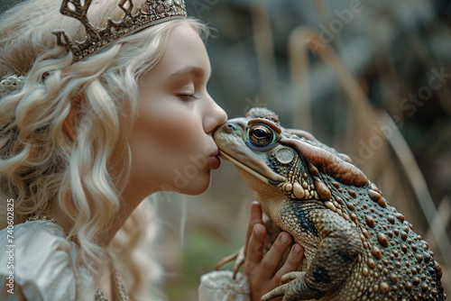 Gros plan sur une princesse blonde embrassant un crapaud » IA générative photo