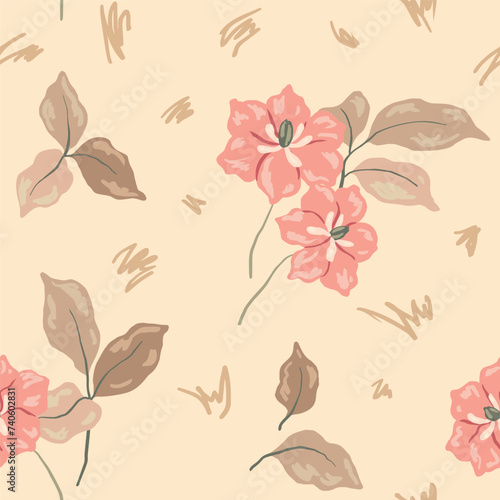 Seamless floral pattern, delicate ditsy print in neutral colors. Botanical design, abstract ornament: simple hand drawn lily flowers, leaves on a beige background. Vector illustration.